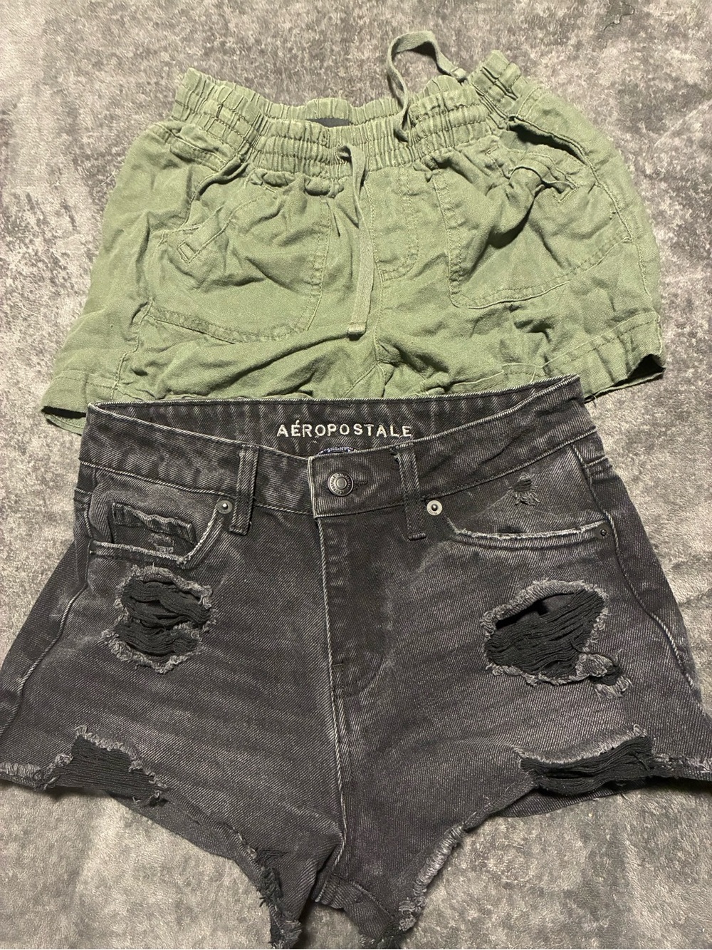 Aeropostale and Reitmans Black Distressed Denim Shorts and Green Casual Shorts